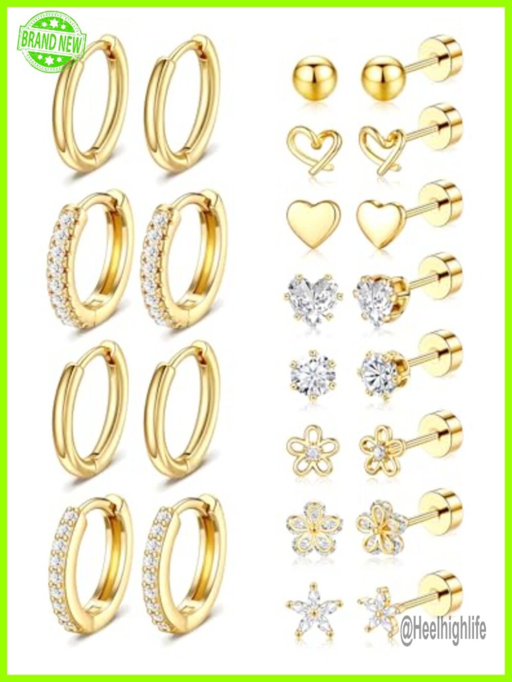 14k Gold Plated Stud Earrings Set Surgical Stainless Steel Flat Back Screw Back